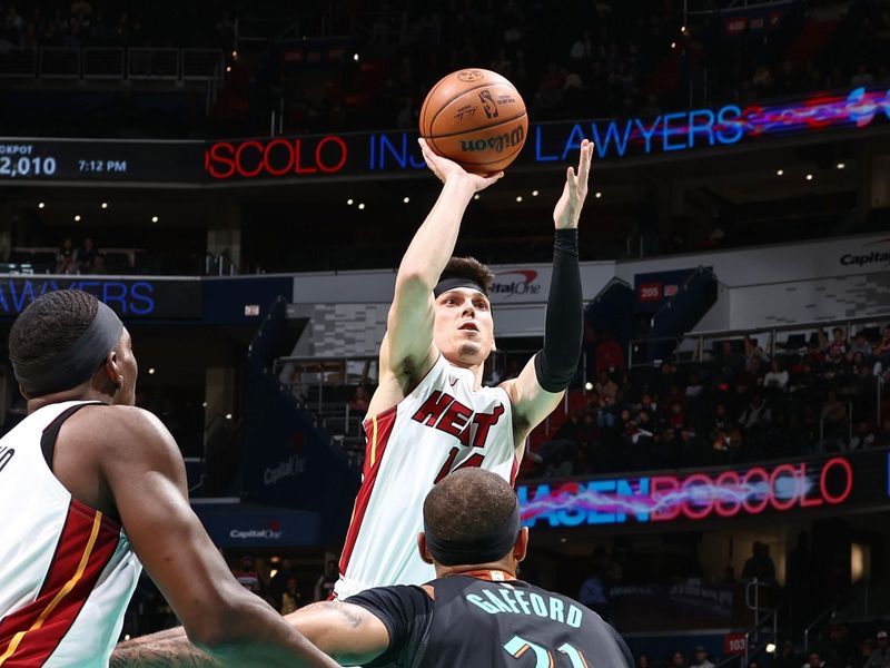 WASHINGTON, DC -? FEBRUARY 2: Tyler Herro #14 of the Miami Heat shoots the ball during the game against the Washington Wizards on February 2, 2024 at Capital One Arena in Washington, DC. NOTE TO USER: User expressly acknowledges and agrees that, by downloading and or using this Photograph, user is consenting to the terms and conditions of the Getty Images License Agreement. Mandatory Copyright Notice: Copyright 2024 NBAE (Photo by Kenny Giarla/NBAE via Getty Images)