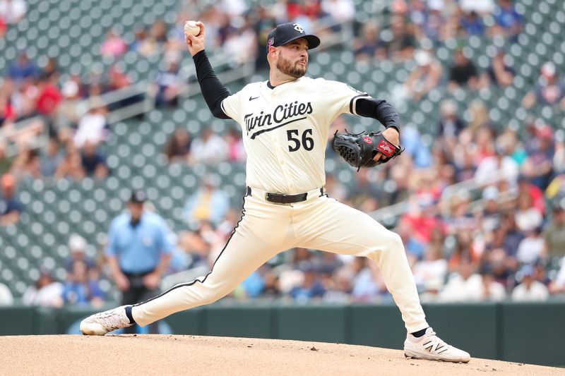 Aug 17, 2025; Minneapolis, Minnesota, USA; Minnesota Twins starting pitcher Thomas Hatch (56) delivers a pitch against the Detroit Tigers during the first inning at Target Field. Mandatory Credit: Matt Krohn-Imagn Images