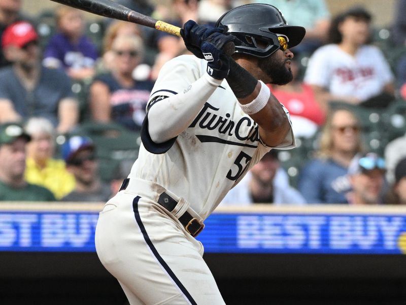 Sep 10, 2023; Minneapolis, Minnesota, USA; Minnesota Twins left fielder Willi Castro (50) hits a triple against the New York Mets in the seventh inning at Target Field. Mandatory Credit: Michael McLoone-USA TODAY Sports