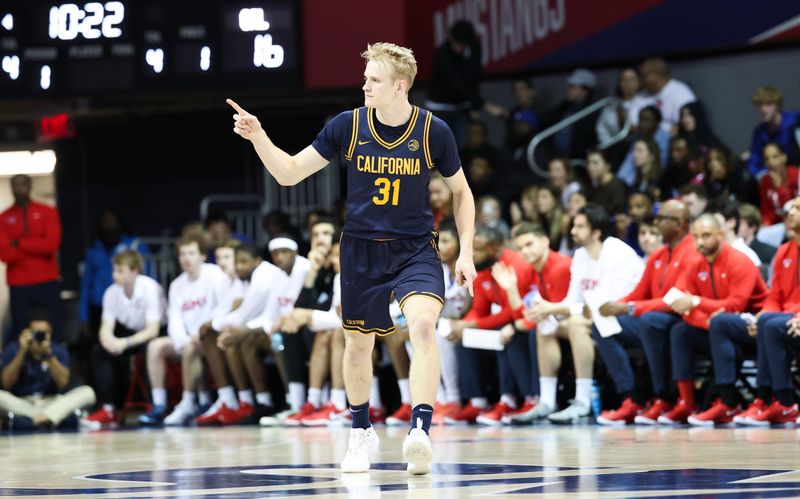 Jan 29, 2025; Dallas, Texas, USA;  California Golden Bears forward Rytis Petraitis (31) reacts after scoring during the first half against the Southern Methodist Mustangs at Moody Coliseum. Mandatory Credit: Kevin Jairaj-Imagn Images