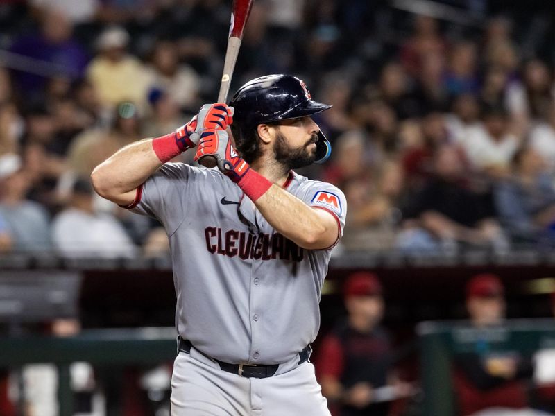 Aug 19, 2025; Phoenix, Arizona, USA; Cleveland Guardians catcher Austin Hedges against the Arizona Diamondbacks at Chase Field. Mandatory Credit: Mark J. Rebilas-Imagn Images