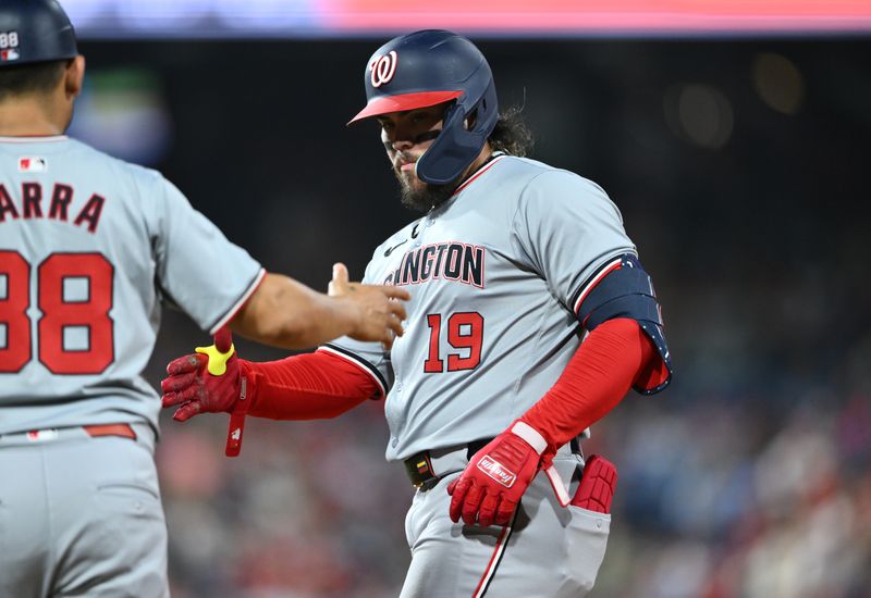 Aug 17, 2024; Philadelphia, Pennsylvania, USA; Washington Nationals infielder Andres Chaparro (19) reacts after hitting a single against the Philadelphia Phillies in the eighth inning at Citizens Bank Park. Mandatory Credit: Kyle Ross-USA TODAY Sports