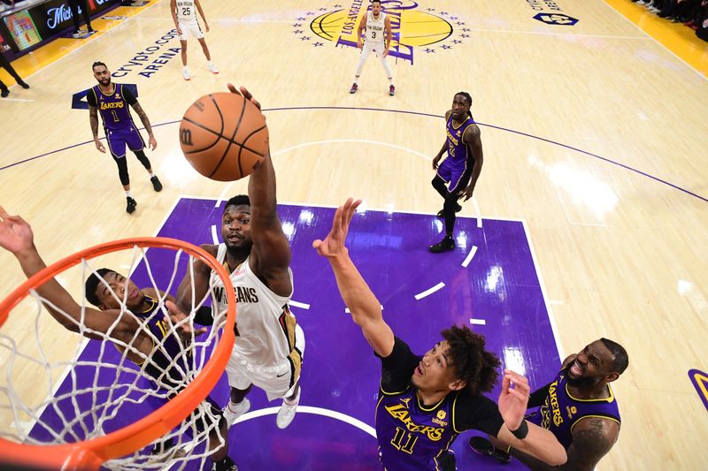 LOS ANGELES, CA - FEBRUARY 9:  Zion Williamson #1 of the New Orleans Pelicans drives to the basket during the game against the Los Angeles Lakers on February 9, 2024 at Crypto.Com Arena in Los Angeles, California. NOTE TO USER: User expressly acknowledges and agrees that, by downloading and/or using this Photograph, user is consenting to the terms and conditions of the Getty Images License Agreement. Mandatory Copyright Notice: Copyright 2024 NBAE (Photo by Adam Pantozzi/NBAE via Getty Images)