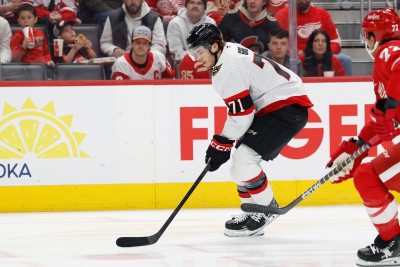 Mar 24, 2026; Detroit, Michigan, USA;  Ottawa Senators center Ridly Greig (71) skates with the puck in the first period against the Detroit Red Wings at Little Caesars Arena. Mandatory Credit: Rick Osentoski-Imagn Images