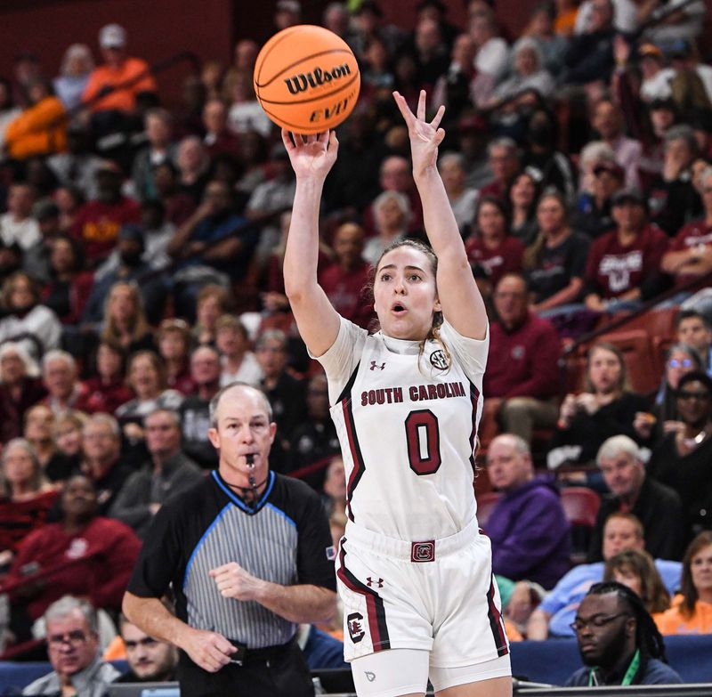 Mar 3, 2023; Greenville, SC, USA; South Carolina guard Olivia Thompson (0) shoots the ball during the fourth quarter at Bon Secours Wellness Arena. Mandatory Credit: Ken Ruinard-USA TODAY Sports