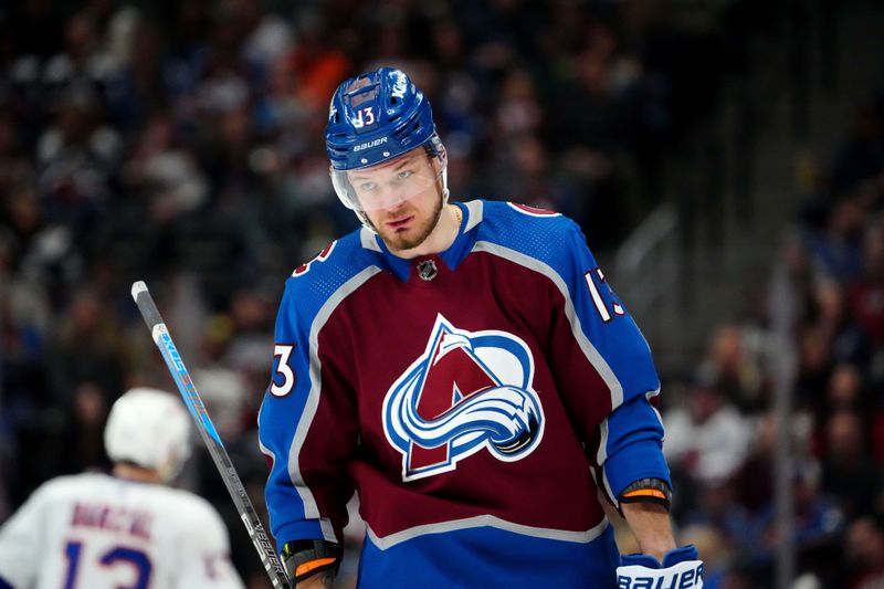 Jan 2, 2024; Denver, Colorado, USA; Colorado Avalanche right wing Valeri Nichushkin (13) during the first period against the New York Islanders at Ball Arena. Mandatory Credit: Ron Chenoy-USA TODAY Sports