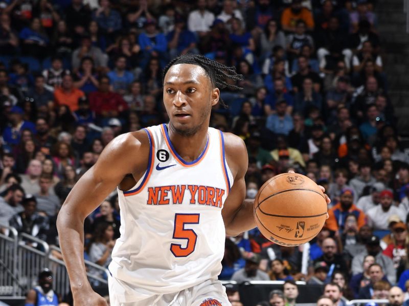 ORLANDO, FL -FEBRUARY 7: Immanuel Quickley #5 of the New York Knicks drives to the basket during the game against the Orlando Magic on February 7, 2023 at Amway Center in Orlando, Florida. NOTE TO USER: User expressly acknowledges and agrees that, by downloading and or using this photograph, User is consenting to the terms and conditions of the Getty Images License Agreement. Mandatory Copyright Notice: Copyright 2022 NBAE (Photo by Fernando Medina/NBAE via Getty Images)