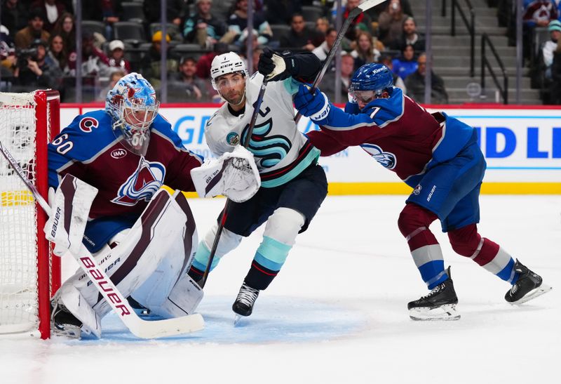 Nov 5, 2024; Denver, Colorado, USA; Seattle Kraken right wing Jordan Eberle (7) gets between Colorado Avalanche goaltender Justus Annunen (60) and defenseman Devon Toews (7) during the third period at Ball Arena. Mandatory Credit: Ron Chenoy-Imagn Images