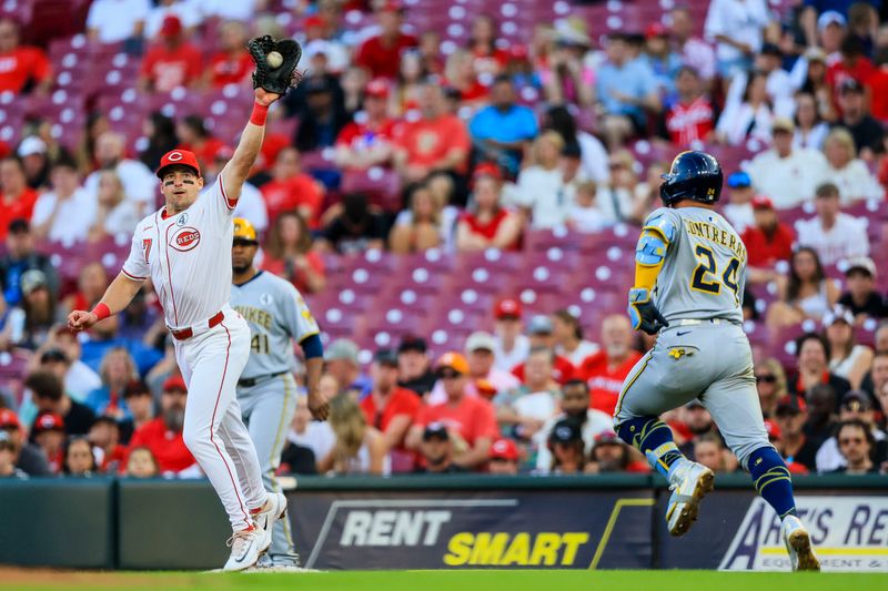 Jun 2, 2025; Cincinnati, Ohio, USA; Cincinnati Reds first baseman Spencer Steer (7) tags Milwaukee Brewers catcher William Contreras (24) out at first in the third inning at Great American Ball Park. Mandatory Credit: Katie Stratman-Imagn Images