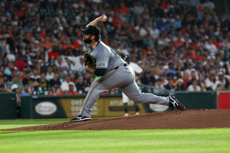 May 18, 2024; Houston, Texas, USA; Milwaukee Brewers starting pitcher Bryse Wilson (46) pitches against the Houston Astros in the second inning at Minute Maid Park. Mandatory Credit: Thomas Shea-USA TODAY Sports