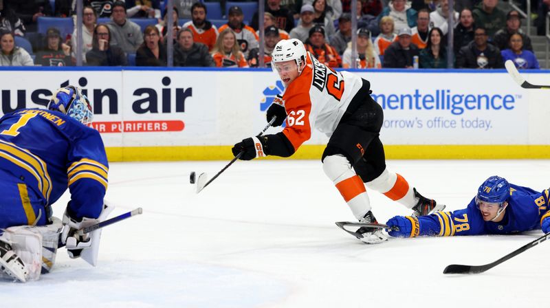 Apr 5, 2024; Buffalo, New York, USA;  Buffalo Sabres defenseman Jacob Bryson (78) dives to try and block a shot by Philadelphia Flyers right wing Olle Lycksell (62) during the first period at KeyBank Center. Mandatory Credit: Timothy T. Ludwig-USA TODAY Sports