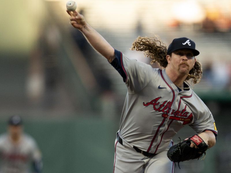 Aug 14, 2024; San Francisco, California, USA; Atlanta Braves pitcher starting Grant Holmes (66) delivers a pitch against the San Francisco Giants during the first inning at Oracle Park. Mandatory Credit: D. Ross Cameron-USA TODAY Sports