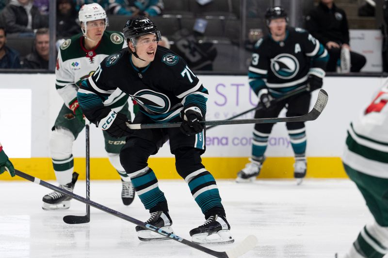 Nov 7, 2024; San Jose, California, USA;  San Jose Sharks center Macklin Celebrini (71) during the second period against the Minnesota Wild at SAP Center at San Jose. Mandatory Credit: Stan Szeto-Imagn Images