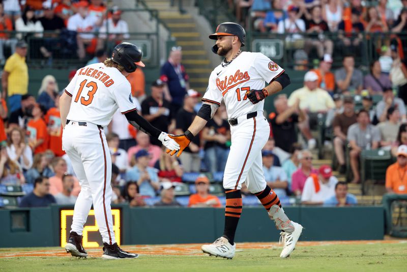 Mar 14, 2025; Sarasota, Florida, USA;  Baltimore Orioles outfielder Colton Cowser (17) is congratulated by outfielder Heston Kjerstad (13) after he hit a 2-run home run against the Minnesota Twins at Ed Smith Stadium. Mandatory Credit: Kim Klement Neitzel-Imagn Images