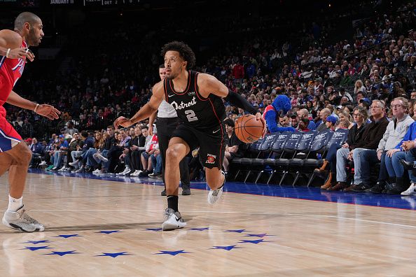 PHILADELPHIA, PA - DECEMBER 15: Cade Cunningham #2 of the Detroit Pistons dribbles the ball during the game against the Philadelphia 76ers on December 15, 2023 at the Wells Fargo Center in Philadelphia, Pennsylvania NOTE TO USER: User expressly acknowledges and agrees that, by downloading and/or using this Photograph, user is consenting to the terms and conditions of the Getty Images License Agreement. Mandatory Copyright Notice: Copyright 2023 NBAE (Photo by Jesse D. Garrabrant/NBAE via Getty Images)
