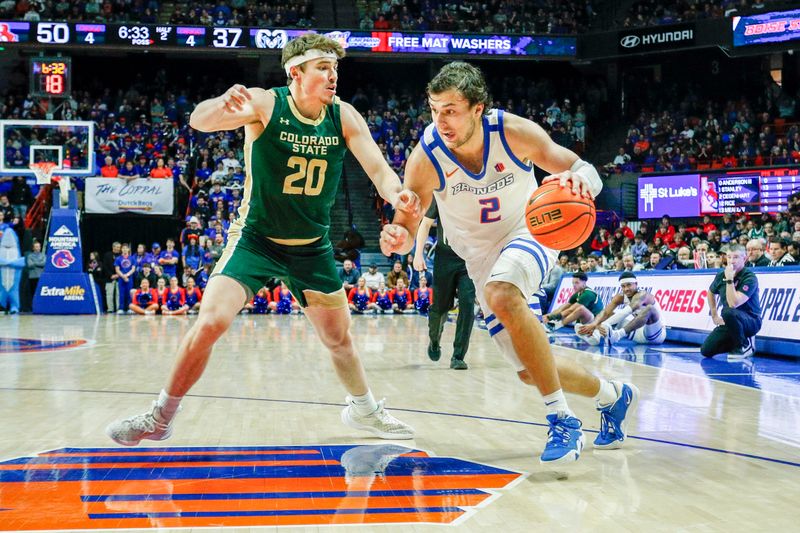 Jan 9, 2024; Boise, Idaho, USA; Boise State Broncos forward Tyson Degenhart (2) dribbles the ball as Colorado State Rams guard Joe Palmer (20) defends during the second half ExtraMile Arena. Mandatory Credit: Brian Losness-USA TODAY Sports