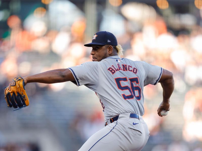 Jun 11, 2024; San Francisco, California, USA; Houston Astros pitcher Ronel Blanco (56) throws a pitch during the first inning against the San Francisco Giants at Oracle Park. Mandatory Credit: Sergio Estrada-USA TODAY Sports