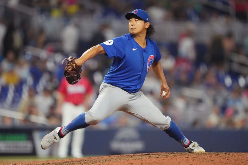 Aug 24, 2024; Miami, Florida, USA;  Chicago Cubs pitcher Shota Imanaga (18) pitches in the seventh inning against the Miami Marlins at loanDepot Park. Mandatory Credit: Jim Rassol-USA TODAY Sports