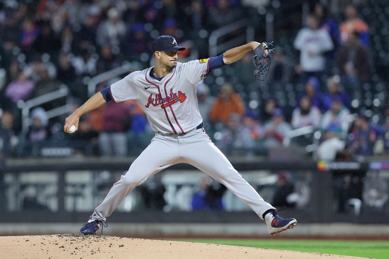 May 10, 2024; New York City, New York, USA; Atlanta Braves starting pitcher Charlie Morton (50) pitches against the New York Mets during the first inning at Citi Field. Mandatory Credit: Brad Penner-USA TODAY Sports