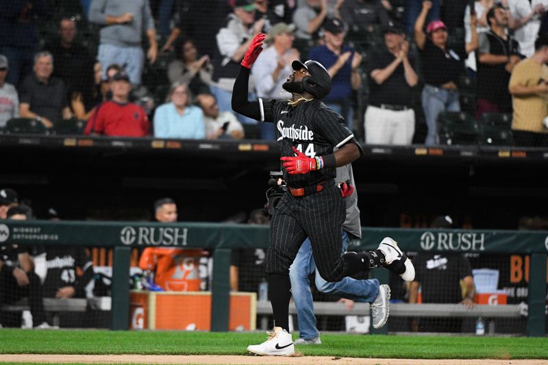 Sep 9, 2024; Chicago, Illinois, USA;  Chicago White Sox designated hitter Bryan Ramos (44) reacts after hitting a two-run home run against the Cleveland Guardians during the eighth inning at Guaranteed Rate Field. Mandatory Credit: Matt Marton-Imagn Images