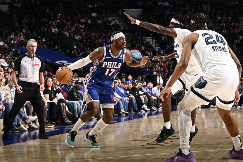 PHILADELPHIA, PA - MARCH 6:  Buddy Heild #17 of the Philadelphia 76ers handles the ball during the game against the Memphis Grizzlies on March 6, 2024 at the Wells Fargo Center in Philadelphia, Pennsylvania NOTE TO USER: User expressly acknowledges and agrees that, by downloading and/or using this Photograph, user is consenting to the terms and conditions of the Getty Images License Agreement. Mandatory Copyright Notice: Copyright 2024 NBAE (Photo by David Dow/NBAE via Getty Images)