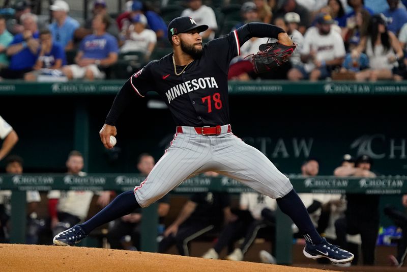 Aug 16, 2024; Arlington, Texas, USA; Minnesota Twins pitcher Simeon Woods Richardson (78) throws to the plate during the first inning against the Texas Rangers at Globe Life Field. Mandatory Credit: Raymond Carlin III-USA TODAY Sports