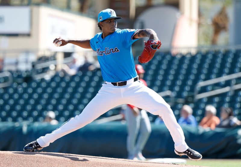 Feb 25, 2025; Jupiter, Florida, USA; Miami Marlins starting pitcher Edward Cabrera (27) throws against the Washington Nationals during the first inning at Roger Dean Chevrolet Stadium. Mandatory Credit: Rhona Wise-Imagn Images