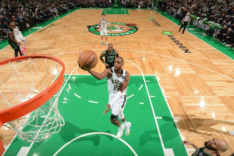 BOSTON, MA - MARCH 20: Khris Middleton #22 of the Milwaukee Bucks drives to the basket during the game against the Boston Celtics on March 20, 2024 at the TD Garden in Boston, Massachusetts. NOTE TO USER: User expressly acknowledges and agrees that, by downloading and or using this photograph, User is consenting to the terms and conditions of the Getty Images License Agreement. Mandatory Copyright Notice: Copyright 2024 NBAE  (Photo by Brian Babineau/NBAE via Getty Images)