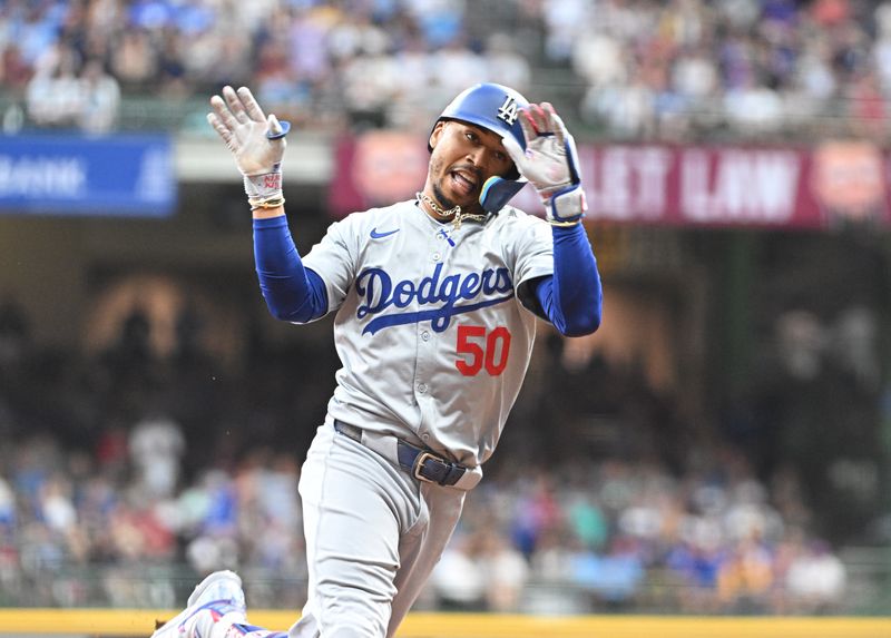 Aug 12, 2024; Milwaukee, Wisconsin, USA; Los Angeles Dodgers right field Mookie Betts (50) rounds the bases after hitting a home run against the Milwaukee Brewers at American Family Field. Mandatory Credit: Michael McLoone-USA TODAY Sports