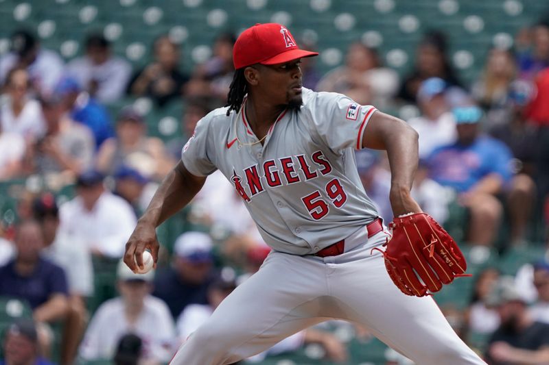 Jul 7, 2024; Chicago, Illinois, USA; Los Angeles Angels pitcher José Soriano (59) throws the ball against the Chicago Cubs during the first inning at Wrigley Field. Mandatory Credit: David Banks-USA TODAY Sports