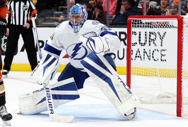 Mar 24, 2024; Anaheim, California, USA; Tampa Bay Lightning goaltender Jonas Johansson (31) during the second period against the Anaheim Ducks at Honda Center. Mandatory Credit: Jason Parkhurst-USA TODAY Sports