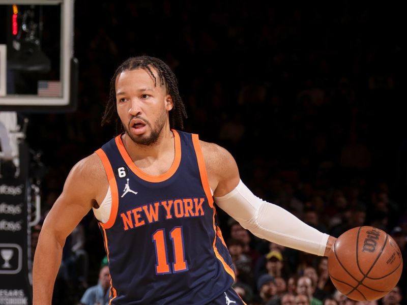 NEW YORK, NY - FEBRUARY 27: Jalen Brunson #11 of the New York Knicks dribbles the ball during the game against the Boston Celtics on February 27, 2023 at Madison Square Garden in New York City, New York.  NOTE TO USER: User expressly acknowledges and agrees that, by downloading and or using this photograph, User is consenting to the terms and conditions of the Getty Images License Agreement. Mandatory Copyright Notice: Copyright 2023 NBAE  (Photo by Nathaniel S. Butler/NBAE via Getty Images)