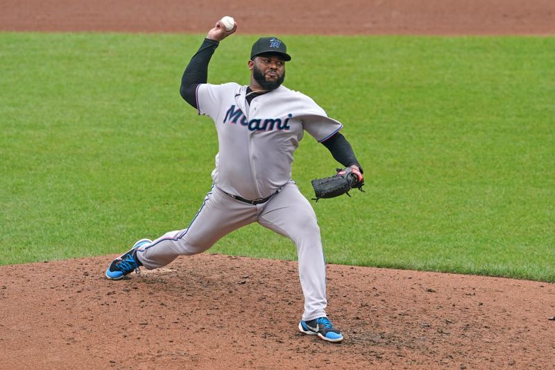 Jul 16, 2023; Baltimore, Maryland, USA; Miami Marlins pitcher Johnny Cueto (47) delivers in the sixth inning against the Baltimore Orioles at Oriole Park at Camden Yards. Mandatory Credit: Mitch Stringer-USA TODAY Sports