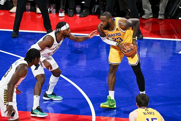 LAS VEGAS, NEVADA - DECEMBER 9: LeBron James (23) of Los Angeles Lakers and Obi Toppin (1) of Indiana Pacers in action during NBA In-Season Tournament Championship game between Los Angeles Lakers and New Orleans Pelicans at the T-Mobile Arena in Las Vegas, Nevada, United States on December 9, 2023. (Photo by Tayfun Coskun/Anadolu via Getty Images)