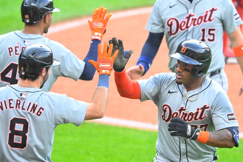 May 7, 2024; Cleveland, Ohio, USA; Detroit Tigers second baseman Andy Ibanez (77) celebrates his three-run home run in the second inning against the Cleveland Guardians at Progressive Field. Mandatory Credit: David Richard-USA TODAY Sports