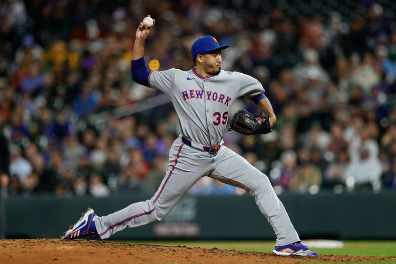 Jun 6, 2025; Denver, Colorado, USA; New York Mets relief pitcher Edwin Diaz (39) pitches in the ninth inning against the Colorado Rockies at Coors Field. Mandatory Credit: Isaiah J. Downing-Imagn Images