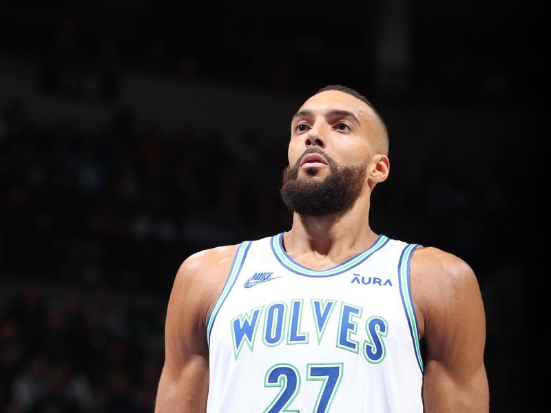 MINNEAPOLIS, MN -  MARCH 31: Rudy Gobert #27 of the Minnesota Timberwolves shoots a free throw during the game against the Chicago Bulls on March 31, 2024 at Target Center in Minneapolis, Minnesota. NOTE TO USER: User expressly acknowledges and agrees that, by downloading and or using this Photograph, user is consenting to the terms and conditions of the Getty Images License Agreement. Mandatory Copyright Notice: Copyright 2024 NBAE (Photo by David Sherman/NBAE via Getty Images)