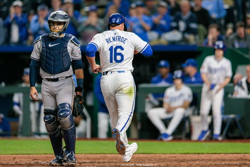 Apr 10, 2024; Kansas City, Missouri, USA; Kansas City Royals outfielder Hunter Renfroe (16) crosses home plate to score a run during the eighth inning against the Houston Astros at Kauffman Stadium. Mandatory Credit: William Purnell-USA TODAY Sports