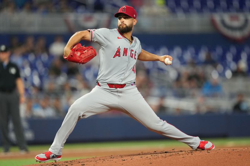 Apr 3, 2024; Miami, Florida, USA; Los Angeles Angels starting pitcher Patrick Sandoval (43) pitches in the first inning against the Miami Marlins at loanDepot Park. Mandatory Credit: Jim Rassol-USA TODAY Sports