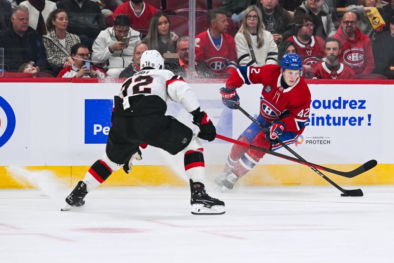 Oct 1, 2024; Montreal, Quebec, CAN; Montreal Canadiens defenseman Adam Engstrom (42) plays the puck against Ottawa Senators defenseman Thomas Chabot (72) during the second period at Bell Centre. Mandatory Credit: David Kirouac-Imagn Images