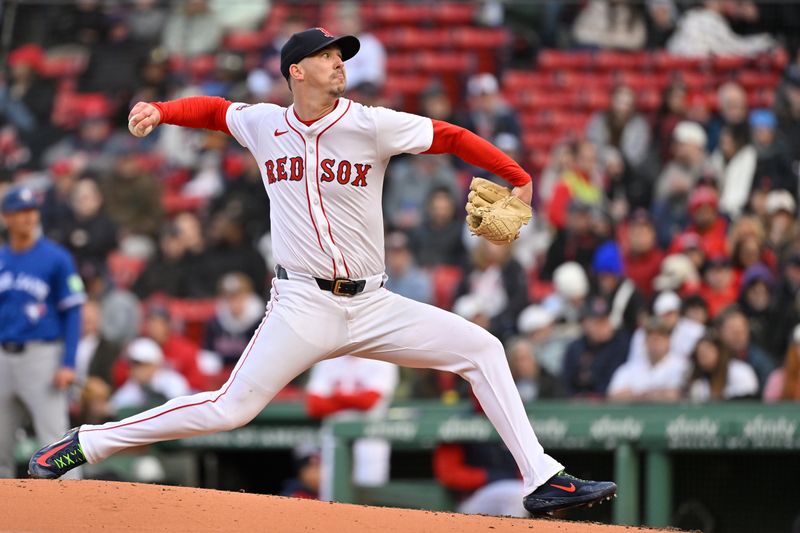 Apr 10, 2025; Boston, Massachusetts, USA; Boston Red Sox pitcher Walker Buehler (0) pitches against the Toronto Blue Jays during the fifth inning at Fenway Park. Mandatory Credit: Eric Canha-Imagn Images