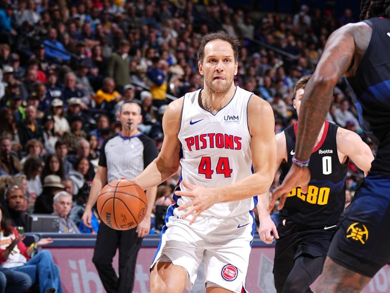 DENVER, CO - JANUARY 7: Bojan Bogdanovic #44 of the Detroit Pistons dribbles the ball during the game against the Denver Nuggets on January 7, 2024 at the Ball Arena in Denver, Colorado. NOTE TO USER: User expressly acknowledges and agrees that, by downloading and/or using this Photograph, user is consenting to the terms and conditions of the Getty Images License Agreement. Mandatory Copyright Notice: Copyright 2024 NBAE (Photo by Garrett Ellwood/NBAE via Getty Images)