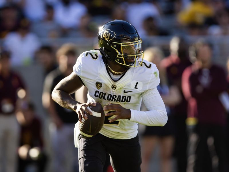 Oct 7, 2023; Tempe, Arizona, USA; Colorado Buffaloes quarterback Shedeur Sanders (2) against the Arizona State Sun Devils in the first half at Mountain America Stadium, Home of the ASU Sun Devils. Mandatory Credit: Mark J. Rebilas-USA TODAY Sports