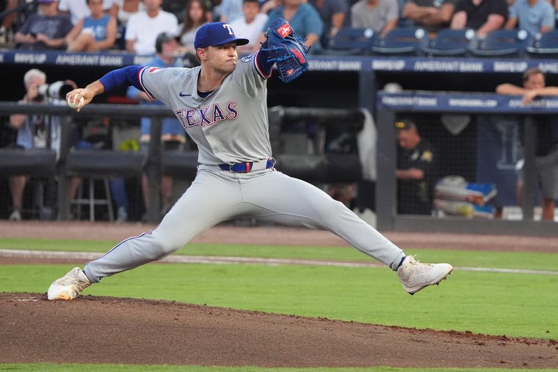 Jun 5, 2025; Tampa, Florida, USA; Texas Rangers pitcher Jack Leiter (35) throws a pitch against the Tampa Bay Rays during the second inning at George M. Steinbrenner Field. Mandatory Credit: Dave Nelson-Imagn Images
