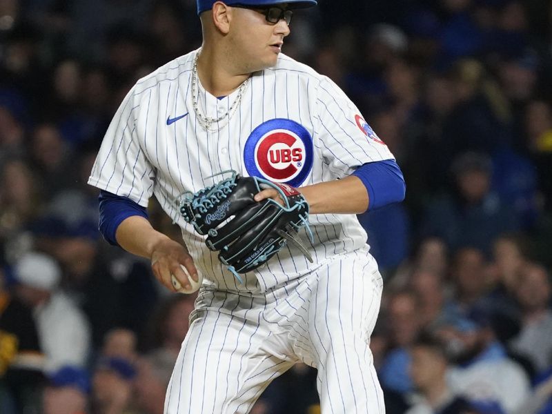 Sep 19, 2023; Chicago, Illinois, USA; Chicago Cubs starting pitcher Javier Assad (72) throws the ball against the Pittsburgh Pirates during the first inning at Wrigley Field. Mandatory Credit: David Banks-USA TODAY Sports