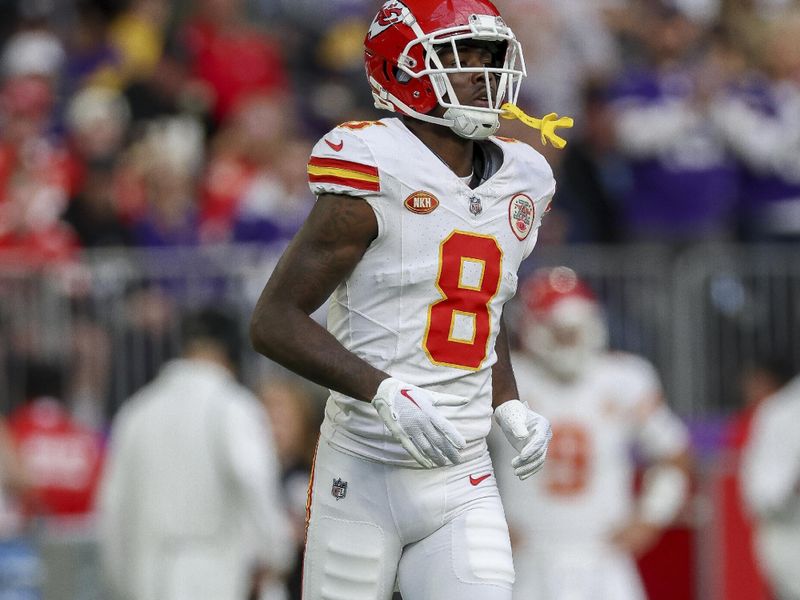 Kansas City Chiefs wide receiver Justyn Ross (8) in action during the first half of an NFL football game against the Minnesota Vikings, Sunday, Oct. 8, 2023 in Minneapolis. (AP Photo/Stacy Bengs)