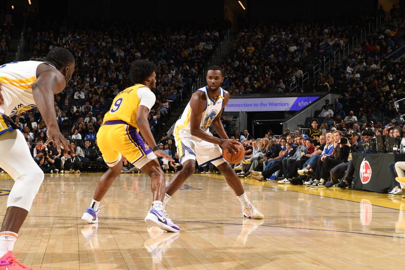 SAN FRANCISCO, CA - OCTOBER 18: Andrew Wiggins #22 of the Golden State Warriors handles the ball during the game against the Los Angeles Lakers during a NBA Preseason game on October 18, 2024 at Chase Center in San Francisco, California. NOTE TO USER: User expressly acknowledges and agrees that, by downloading and or using this photograph, user is consenting to the terms and conditions of Getty Images License Agreement. Mandatory Copyright Notice: Copyright 2024 NBAE (Photo by Noah Graham/NBAE via Getty Images)