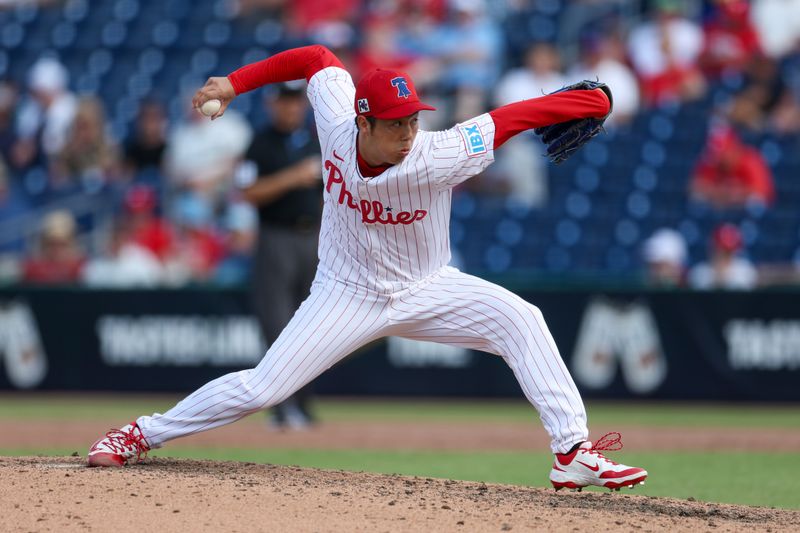 Mar 4, 2025; Clearwater, Florida, USA; Philadelphia Phillies pitcher Koyo Aoyagi (31) throws a pitch against the New York Yankees in the ninth inning during spring training at BayCare Ballpark. Mandatory Credit: Nathan Ray Seebeck-Imagn Images