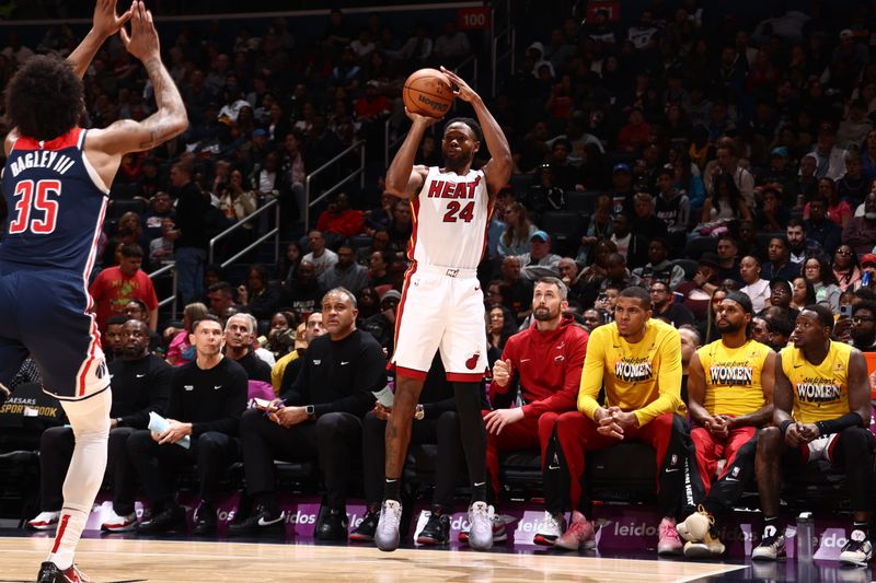 WASHINGTON, DC -? MARCH 31: Haywood Highsmith #24 of the Miami Heat shoots the ball during the game against the Washington Wizards on March 31, 2024 at Capital One Arena in Washington, DC. NOTE TO USER: User expressly acknowledges and agrees that, by downloading and or using this Photograph, user is consenting to the terms and conditions of the Getty Images License Agreement. Mandatory Copyright Notice: Copyright 2024 NBAE (Photo by Kenny Giarla/NBAE via Getty Images)