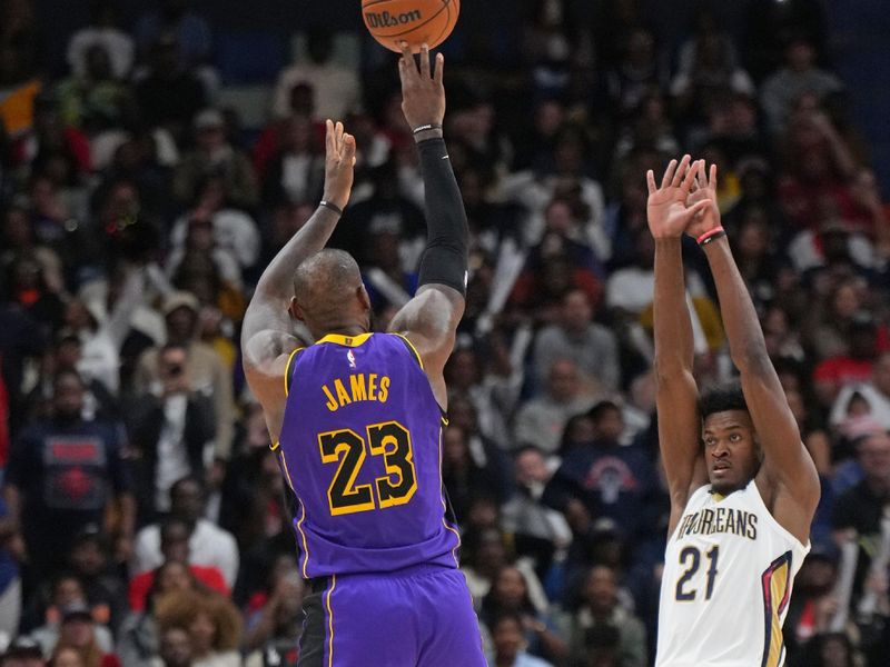 NEW ORLEANS, LA - NOVEMBER 16: LeBron James #23 of the Los Angeles Lakers shoots the ball during the game against the New Orleans Pelicans on November 16, 2024 at the Smoothie King Center in New Orleans, Louisiana. NOTE TO USER: User expressly acknowledges and agrees that, by downloading and or using this Photograph, user is consenting to the terms and conditions of the Getty Images License Agreement. Mandatory Copyright Notice: Copyright 2024 NBAE (Photo by Jesse D. Garrabrant/NBAE via Getty Images)